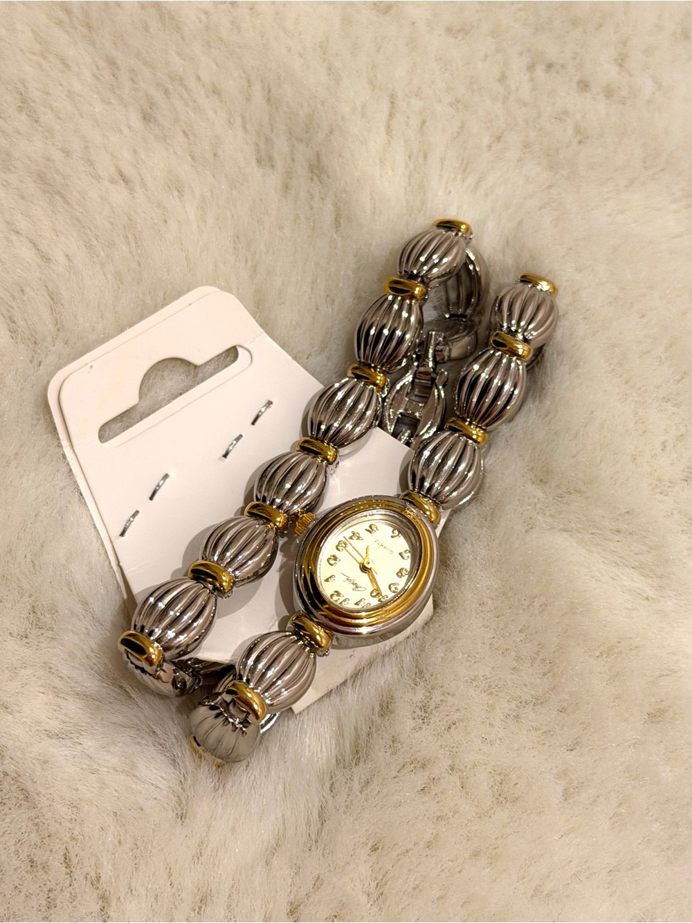 Two-Tone Silver and Gold Beaded Bracelet Watch